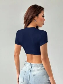 SHEIN PETITE Casual Simple Solid Color Round Neck Cropped Slim Fit Women's T-Shirt - Navy Blue - View 2