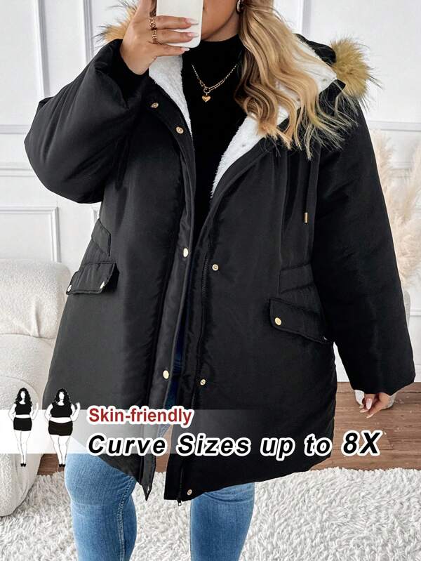 SHEIN CURVE+ Manteau matelassé à capuche, en patchwork moelleux avec poches, pour femmes en grande taille pour l'hiver
