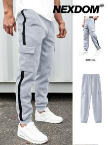 SHEIN Teen Boys 2 Pieces Casual Outfit Set - Includes Striped Sweatpants With Pockets & Drawstring Waist, Suitable For Fall, Winter, Casual, Sports, Birthday, And More - Grey And Black Colors