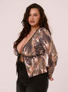 MUSERA Plus Size Mix Animal Print Lace Trim Tie Front Sexy Going Out Top For Date Night, Going Out, Club, Sexy, Holiday, Break, Cheetah Print Spring Summer - Multicolor - View 2