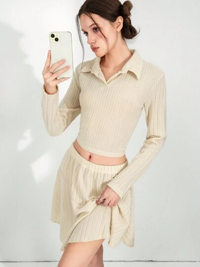 SHEIN Explorewe 2 件套优雅甜美杏色女孩短款上衣和分层裙子，V 领，青少年休闲装