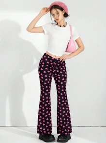 SHEIN Teen Girl Casual All-Over Heart Print Flared Pants