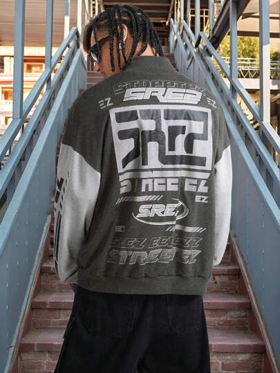 Manfinity VCAY Sudadera holgada de manga larga tejida para hombre, sudadera con capucha de bloques de color con cremallera completa y estampado de letras de estilo callejero en gris oscuro, para regalos a amigos, esposo, novio, para otoño e invierno