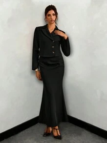 Glamine 2pcs/Set Women Black Summer Elegant Office Notched Collar Single-Breasted Short Jacket And Pleated Fish Tail Slim Fit Long Skirt Suit Fall Outfit - Black - View 5