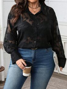 SHEIN Clasi 女士优雅法式通勤休闲度假纯色圆领金属按扣装饰收腰 A 字形喇叭下摆纹理提花面料长袖衬衫，春秋冬