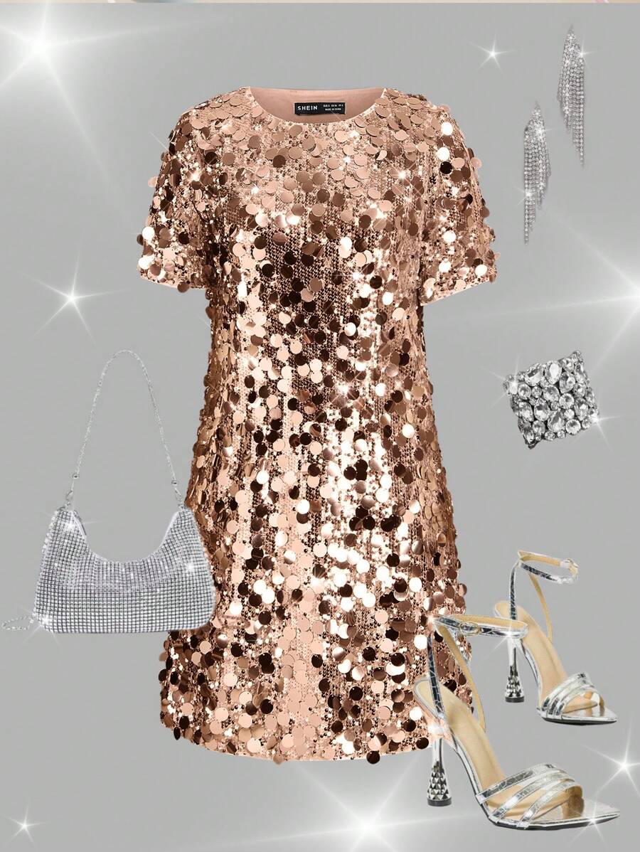 SHEIN Clasi Vestido de lentejuelas dorado, vestido de noche de fiesta, vestido de bola - Champán - Ver 1