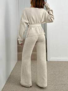 SHEIN Tall Women Lantern Sleeve Sweater With Cinching Waist And Sweater Pant Two Pieces Set Co-Ords - Beige - View 2