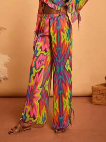 Abeille Creations Celana Panjang Chiffon Transparan Model Lebar Motif Garis Abstrak Berwarna-warni Gaya Boho Bohemian Desainer, Cocok untuk Liburan, Jalan-jalan, Musim Semi, dan Festival. - MultiWarna - View 3
