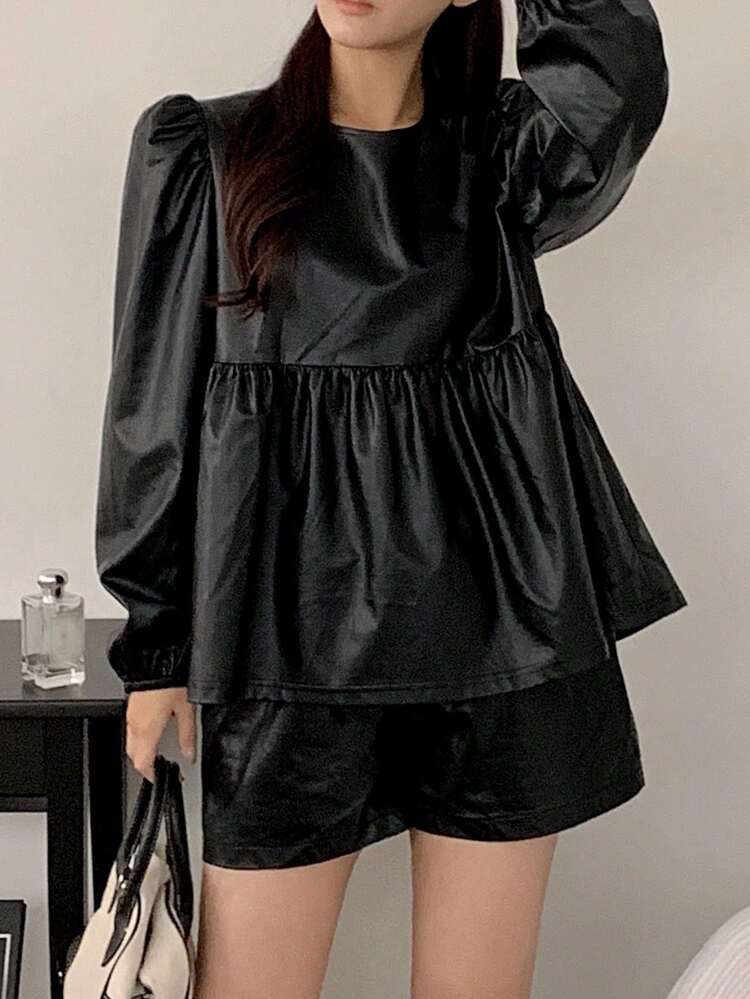 Women's Crew Neck PU Leather Pullover Doll Shirt, Spring/Summer,Ruffle Long Sleeve Top