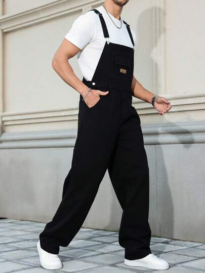 Manfinity Homme 男士休闲百搭黑色牛仔背带裤