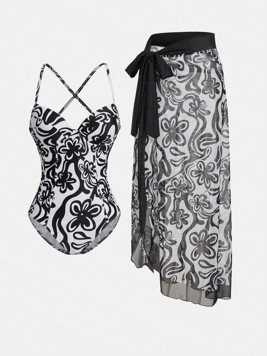 Swim Oasis Summer Spring Vacation Outfits Woman Simple Fashion Casual Daily - Black and White - View 1