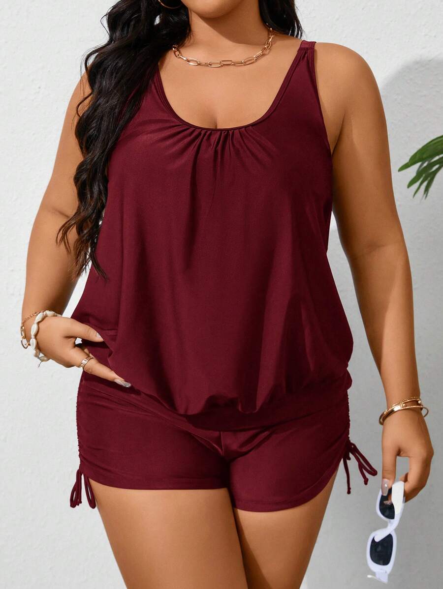 Swim Lushoire Plus Size Women's Solid Color Ruched Tankini Swimwear Summer - Burgundy - View 1