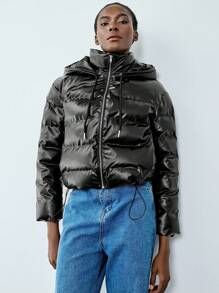 Chiquease Minimalist Casual Hooded Drawstring Design PU Material Women Padded Padded Coat Clothes Winter - Black - View 6