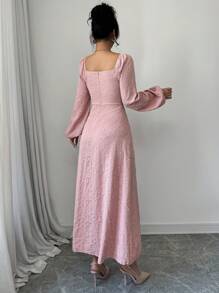 Modelyn 女士方领荷叶边灯笼袖纽扣装饰优雅长裙 - 粉色 - 查看 2