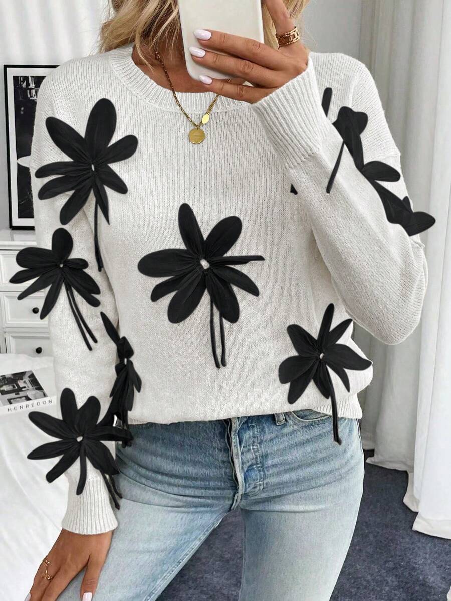 SHEIN Unity 3D Handmade Floral Decorative Sweater, Autumn/Winter Fashion Knit Pullover Fall Sweater - White - View 1