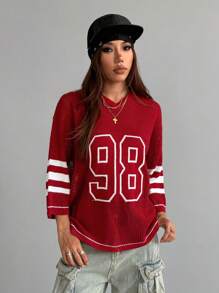 Coolane Jersey oversize de punto con rayas y estampado de números de manga 3/4 como cubridor, para primavera/verano, para el Día de San Valentín/Nochevieja