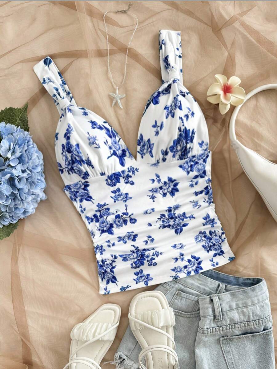 Soleia Women's Vacation Casual Romantic Blue & White Floral Twist Camisole With Ruched Details, Body Flattering - Blue and White - View 1