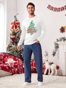 Manfinity VCAY Camiseta casual de manga larga de cuello redondo con ajuste ceñido y estampado de árbol de Navidad para hombres, apta para otoño y Navidad, sets a juego para toda la familia - Blanco - Ver 3
