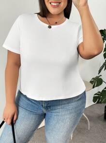 SHEIN CURVE+ CURVE PLUS /情人节/四件套加大码女式休闲简约纯色圆领短袖T恤，适合夏季穿着（不同颜色，黑色+白色+粉色+棕色） - 彩色 - 查看 12