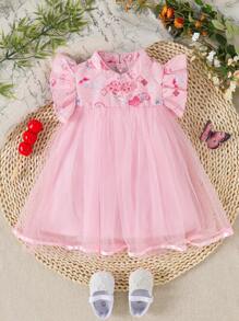 SHEIN Baby Girls Spring Pink Elegant & Cute Digital Print Soft Silk-Like Fabric Ruffled Collar Sleeveless Flared Dress, Suitable For Staying Home In Chinese Style