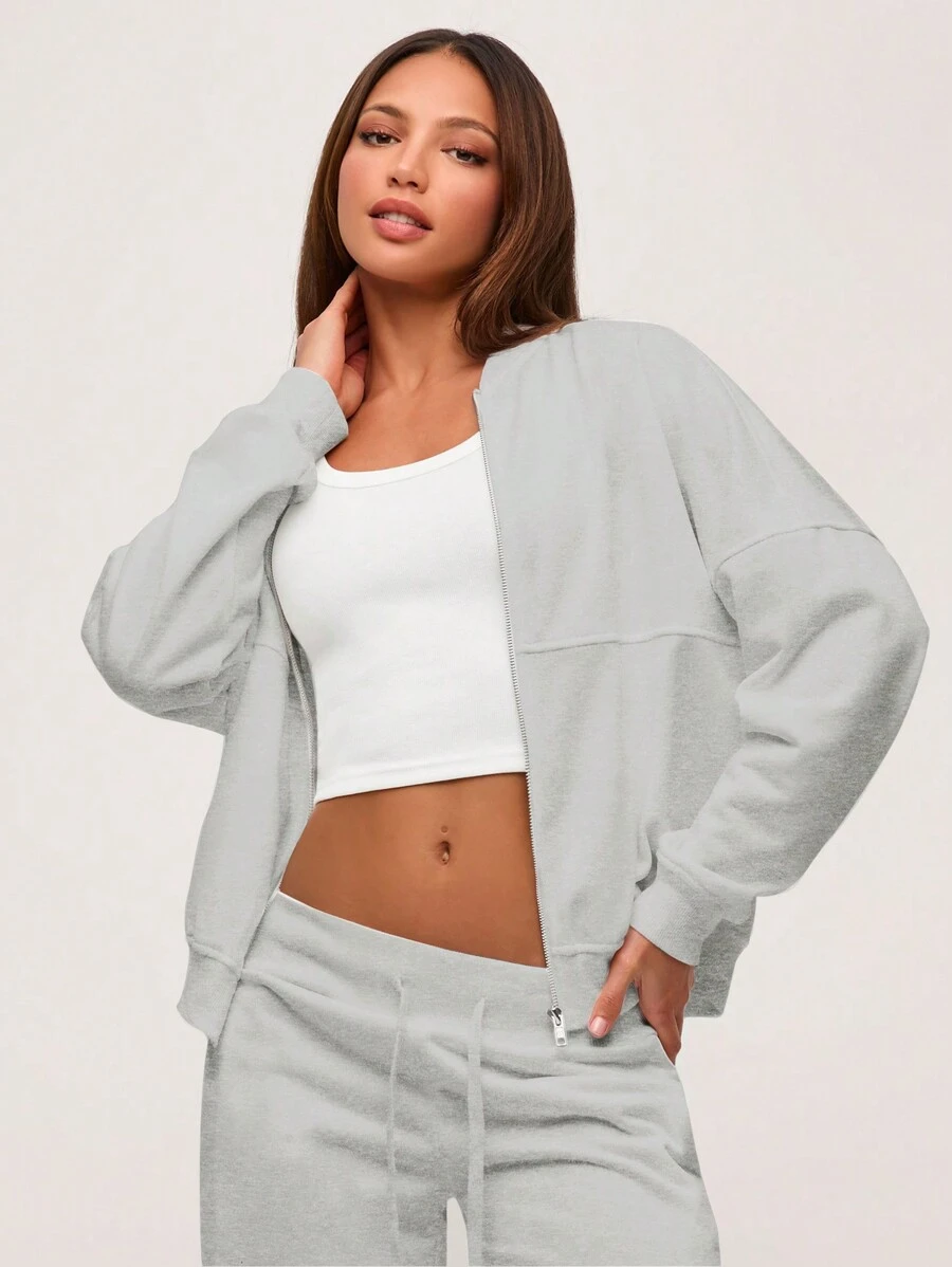 SHEIN BASICS 女款休閒純色針織立領長袖寬鬆夾克外套，秋冬服飾 - 淺灰色 - 查看 1