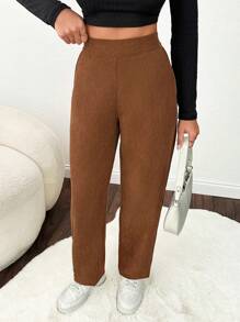 EURMUSE 女式纯色弹性后背紧身灯芯绒裤 - 駝色 - 查看 6