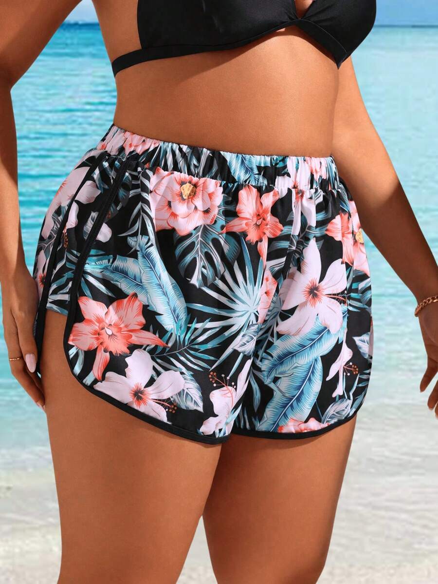 Swim Lushoire Plus Size Women's Tropical Plant Printed Casual Beach Shorts For Vacation,Summer Beach - Multicolor - View 1