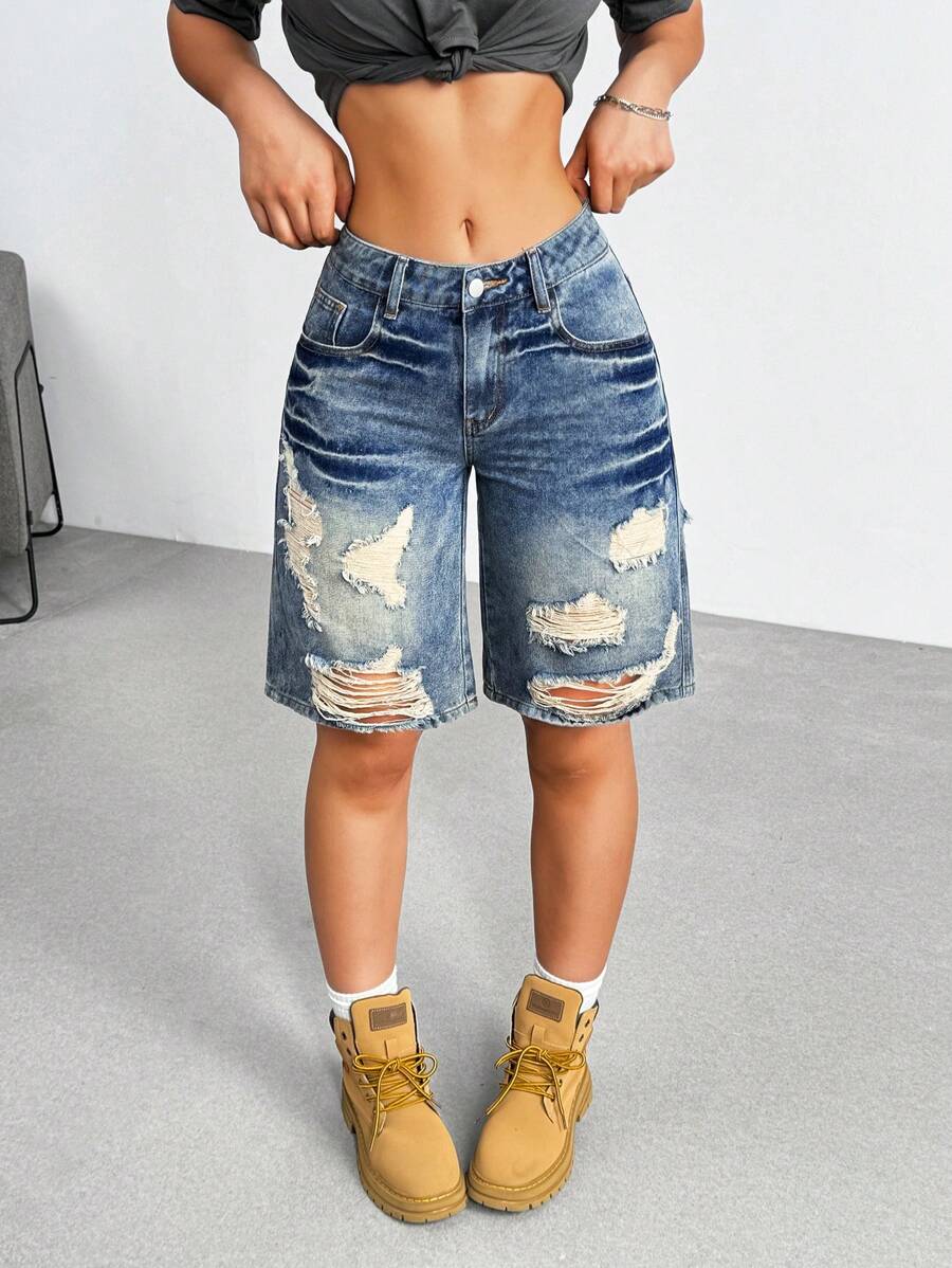 Jeanoix Quần short denim rách gấu dáng rộng, quần short jean rách, quần short jean xanh, quần short denim nữ, quần short jean rách. - Màu xanh lam - Xem 1