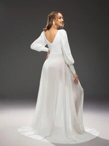 SHEIN Front Knot Design, Lantern Sleeve, Slit Dress Photo Shoot Style Evening Gown
