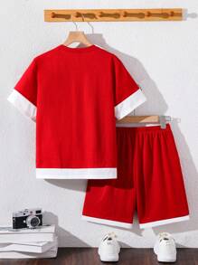 2pcs/Set Tween Boy Casual Contrast Color Splice Letter Graphic Short Sleeve Round Neck T-Shirt And Elastic Waist Shorts Set, Suitable For Autumn, Spring, Summer, For Outdoor Play, School, Street, Party And Leisure At Home - Multicolor - View 8