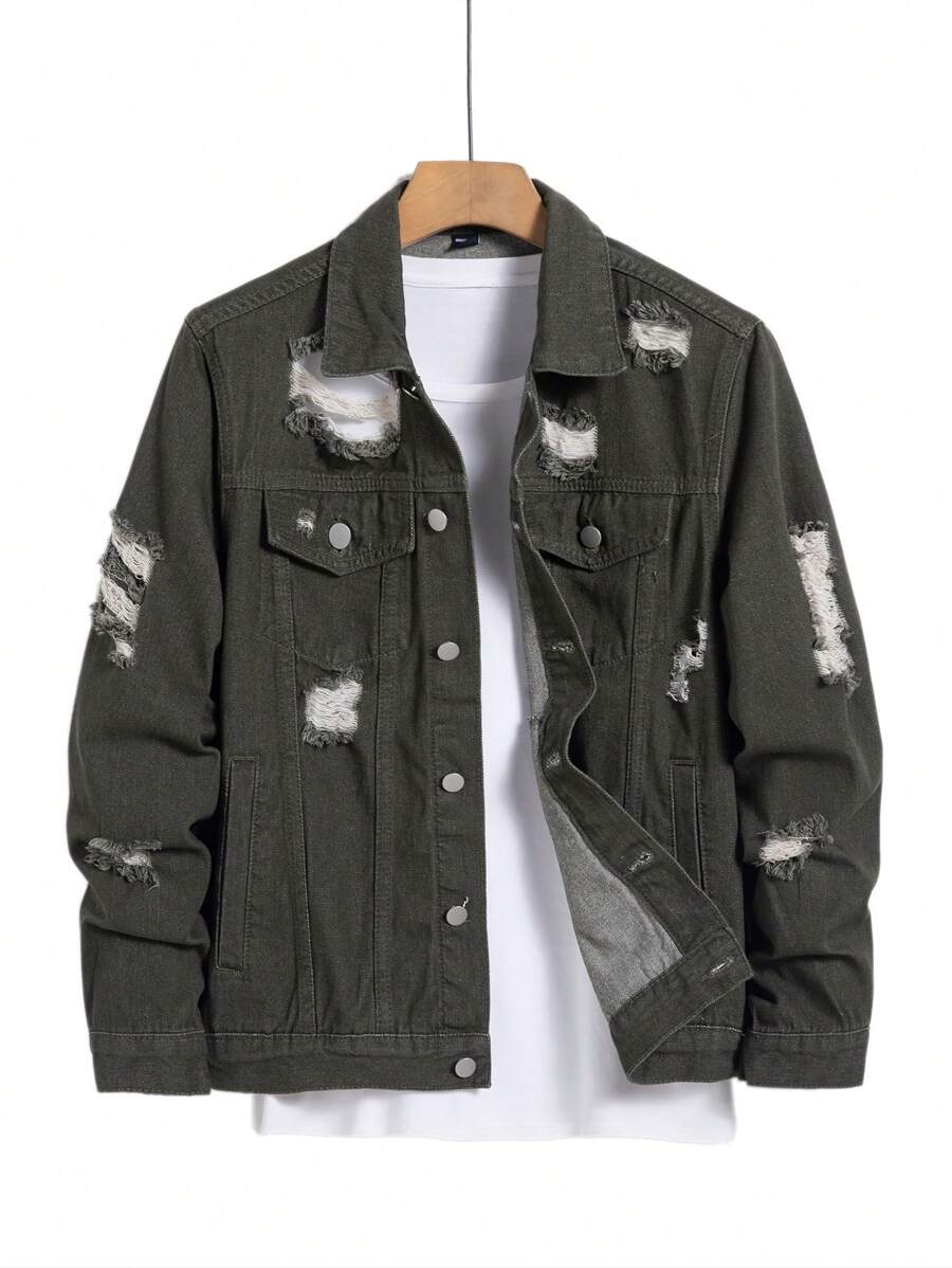 Manfinity CasualKnits Veste en jean décontractée pour hommes, minimaliste et élégante pour un port quotidien, automne - Militaire verte - Voir 1
