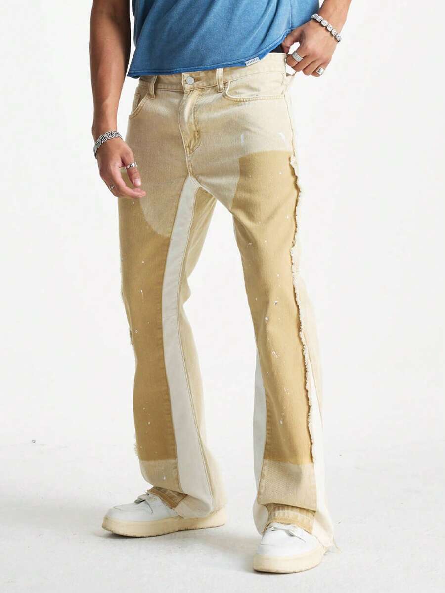 Manfinity EMRG Men's Khaki Denim Skinny Fit Patchwork Flared Pants - Khaki - View 1