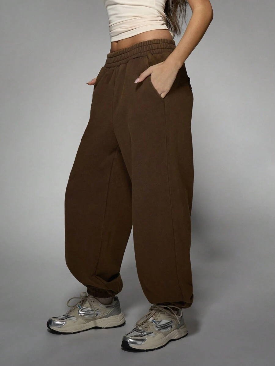 MISSGUIDED 运动超大运动裤慢跑裤宽松抽绳冬季秋季休闲运动都市街头服饰家居服舒适厚羊毛卷边 - 棕色 - 查看 1