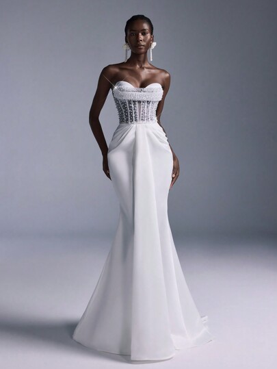 SHEIN Belle Elegant White Luxury Satin Handmade Beaded Waisted See-Through Sleeveless Symmetrical Pleated Fishtail Skirt Suitable For Wedding Holiday Party Bridal Gown Wedding Dress,Bride