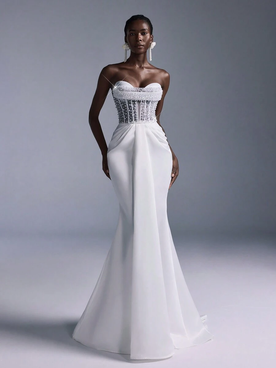 SHEIN Belle Elegant White Luxury Satin Handmade Beaded Waisted See-Through Sleeveless Symmetrical Pleated Fishtail Skirt Suitable For Wedding Holiday Party Bridal Gown Wedding Dress,Bride