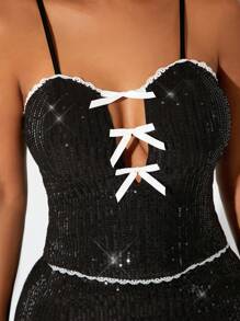 SHEIN SXY Women Sexy Cute Lace Patchwork Contrast Color Bowknot Sequin Camisole And Bodycon Mini Skirt 2 Pieces Set - White - View 4
