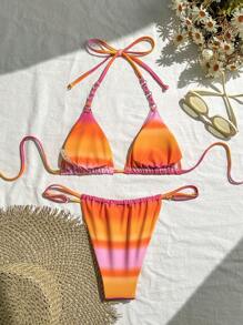 SHEIN Swim 女士渐变色霓虹比基尼套装，随机印花 - 彩色 - 查看 2