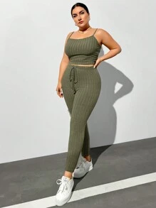 SHEIN Essnce Plus Size Women's Autumn And Winter Casual Comfortable Loose Green Brushed Fabric Suspenders And Trousers And Long Cardigan Jacket Three Pieces Set, Autumn Women's Clothing, Pants Sethomecoming, Airport Women's Clothing, Women's Set - Army Green - View 5