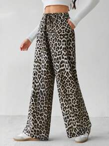 SHEIN Tall 休闲街头豹纹宽松直筒阔腿裤 - 彩色 - 查看 3