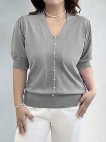 EMERY ROSE Plus Size Women's V-Neck Puff Sleeve Solid Color Sweater With Button Design, For Autumn/Winter Knit Pullover Fall Sweater - Light Grey - View 4