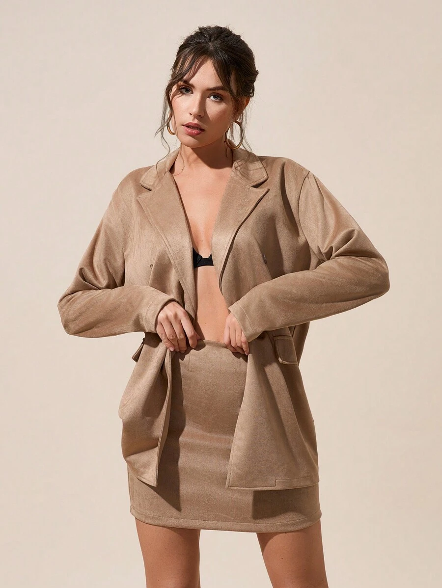 EURMUSE Urban Chic Double-Breasted Nubuck Light Jacket & Mini Skirts Two-Pieces Set - Camel - View 1