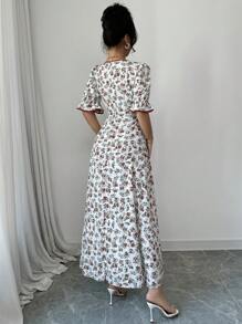 Modelyn Đầm dài đơn giản tay ngắn viền tương phản cho nữ, mặc thường ngày - trắng - Xem 2