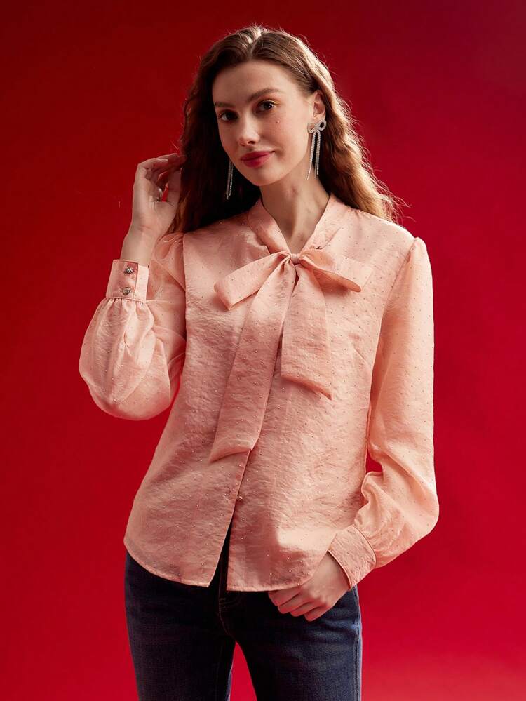 RHINESTONE DETAIL TIE NECK BLOUSE,SPRING/SUMMER