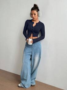 SHEIN Unity Women's Solid Color Front Button Long Sleeve Casual Blouse - Navy Blue - View 5