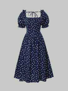 Sunnyshic 大码女式花卉印花方领灯笼袖连衣裙，简约风格 - 藏蓝色 - 查看 1