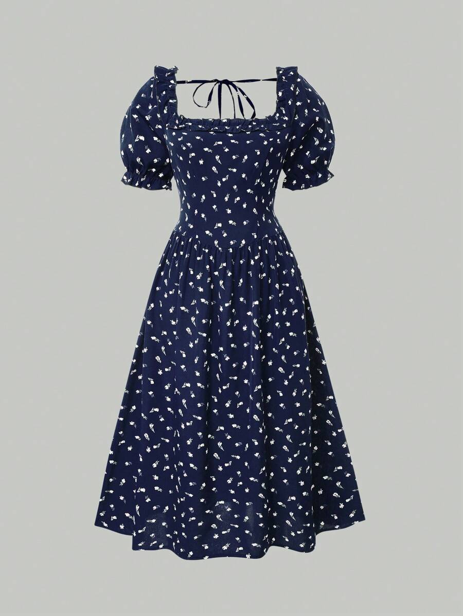 Sunnyshic 大码女式花卉印花方领灯笼袖连衣裙，简约风格 - 藏蓝色 - 查看 1