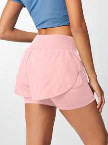 SHEIN Sports 纯色高腰二合一运动短裤毛衣短裤 - 粉色 - 查看 2