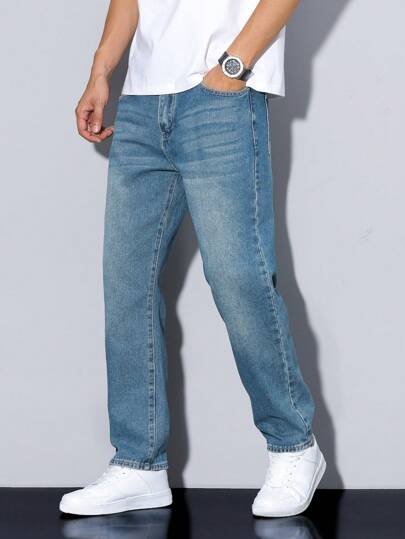 Manfinity Homme Jeans rectos de color liso con bolsillo para hombres, de uso versátil y casual