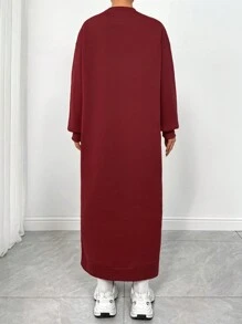 Muchica Loose Fit Solid Color Long Sleeve Casual Sweatshirt, Long Length & Minimalist Style For Daily Wear - Red - View 2