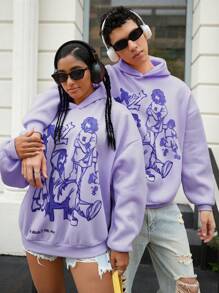 Manfinity Unisex Men's Knit Pattern Print Loose Drop Shoulder Casual Hoodie, Suitable For Autumn - Blue - View 4